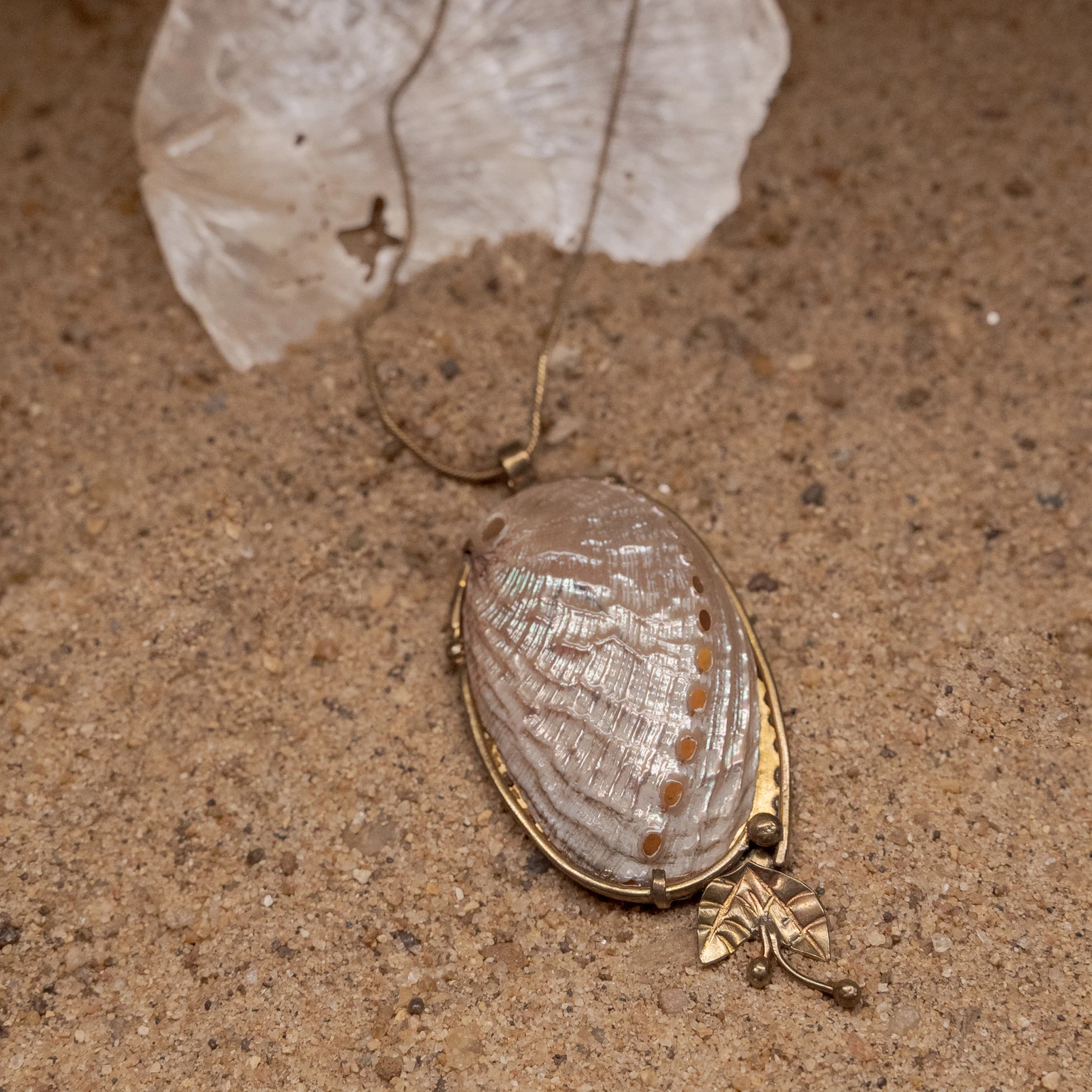 Abalone shell brass leaf pendant